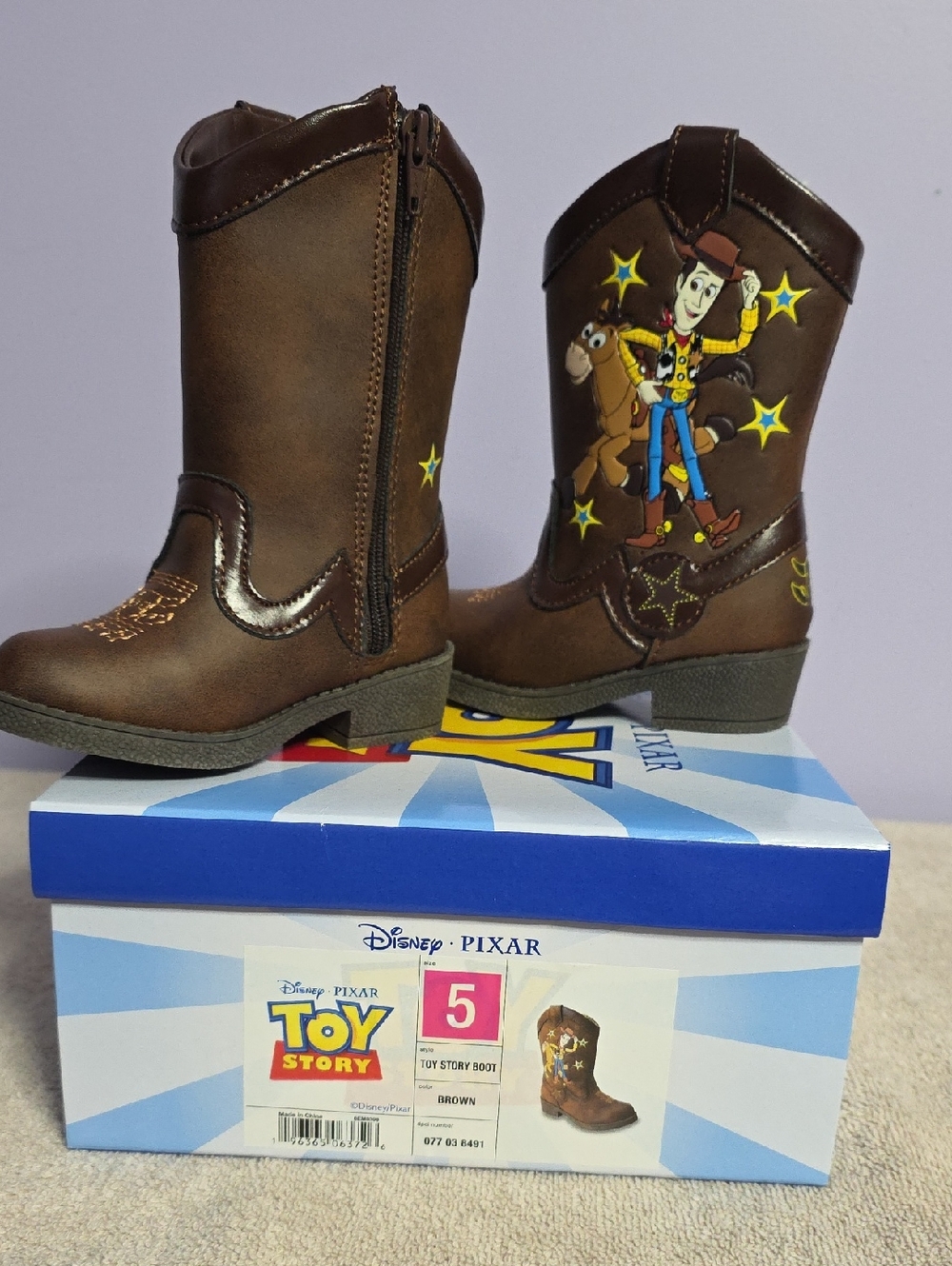 Disney Brown Kids Cowboy Boots with Woody Graphic - Picture 2 of 8